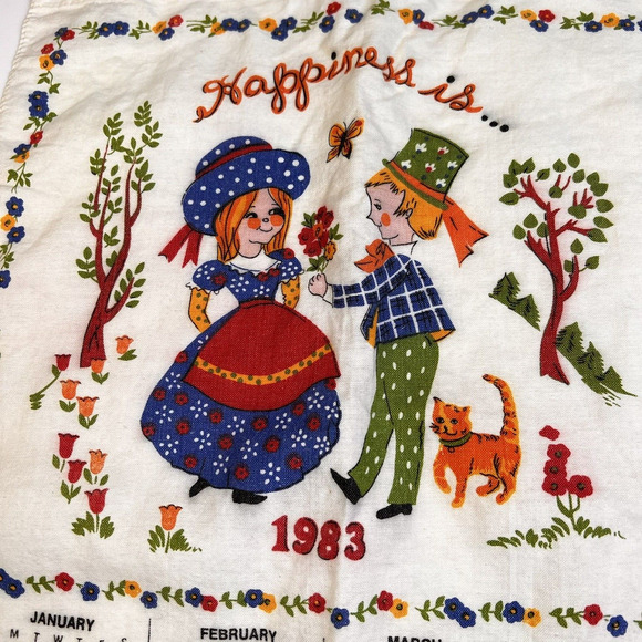 1983 Calendar Tea Towel 'Happiness Is' Vintage Linens Young Love 80's Kitchen - Picture 3 of 5